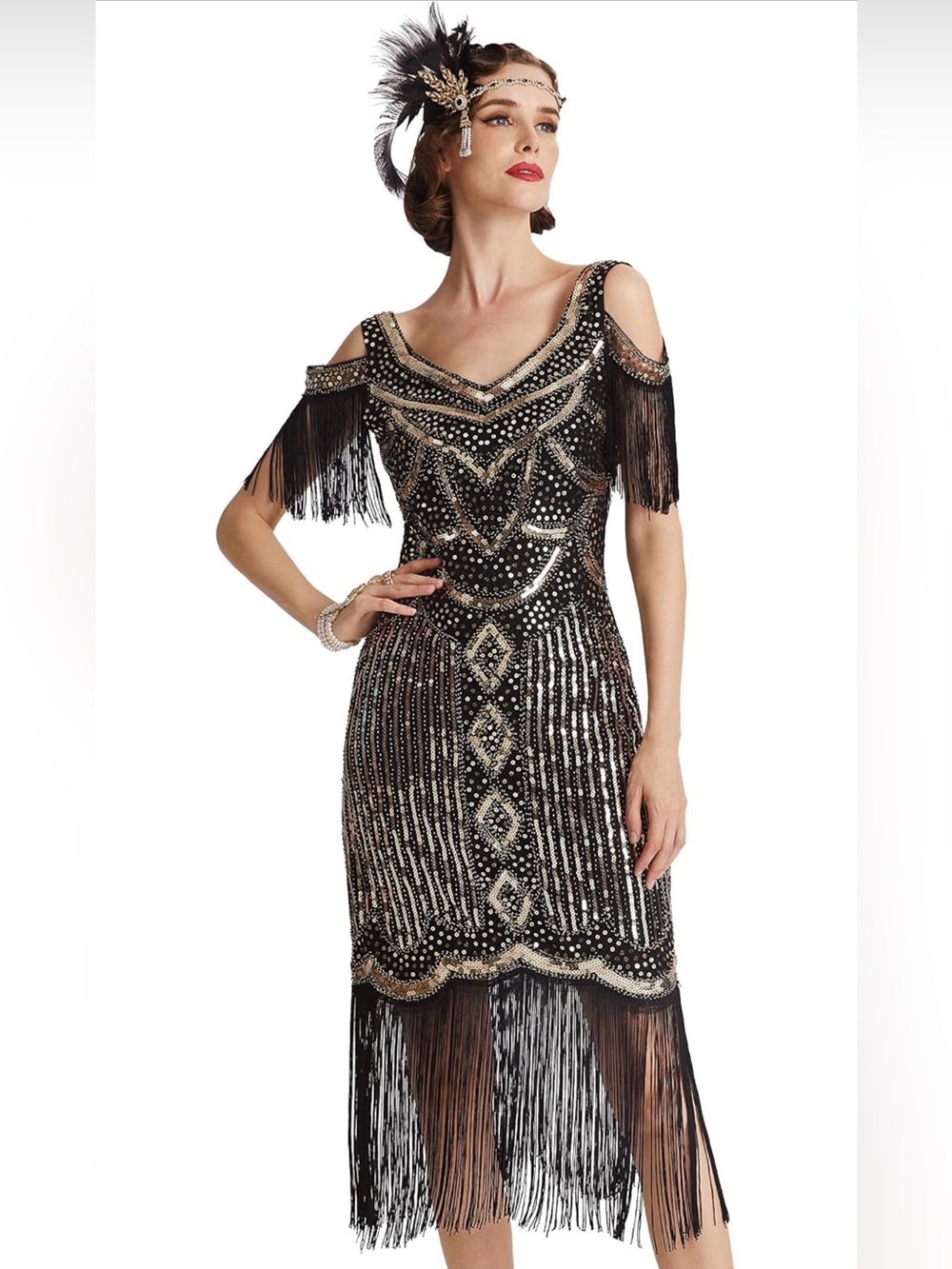 BABEYOND Beaded Fringe Mini Dress Black & Gold Large